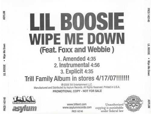 Lil' Boosie Feat. Foxx (4) And Webbie : Wipe Me Down (CD, Single, Promo)